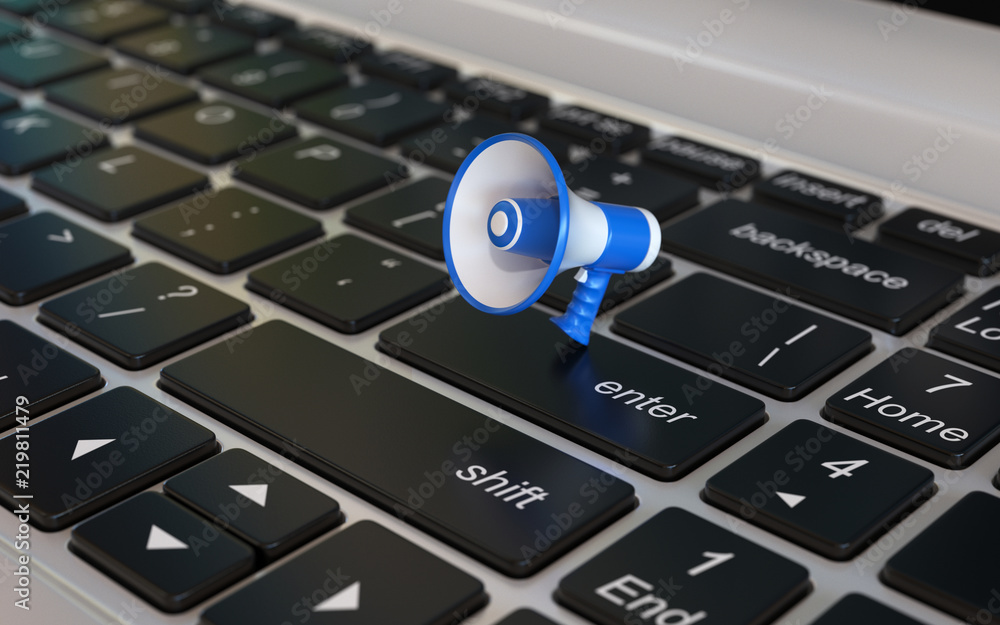 Poster loudspeaker 3d icon on laptop keyboard, 3d rendering