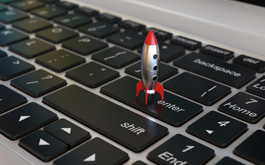 Start up 3d concept, space ship rocket on the laptop keyboard, 3d rendering