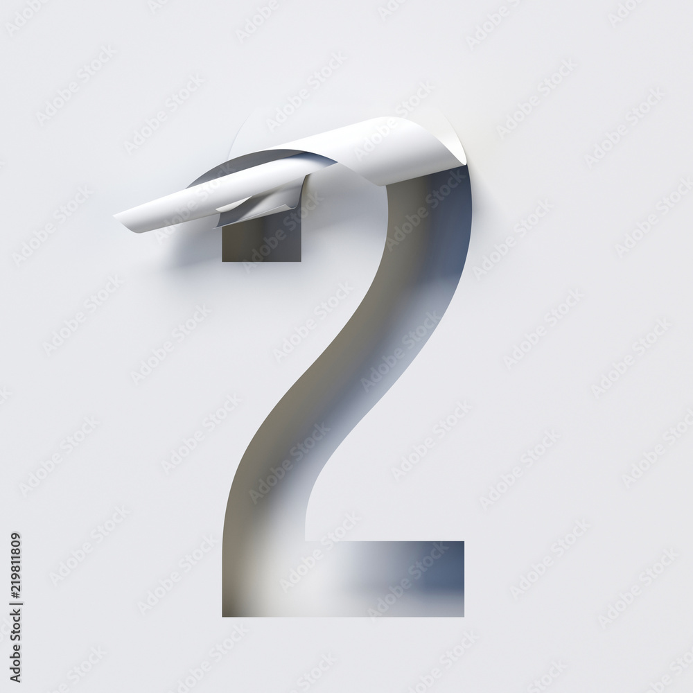 Aufkleber cut out curled paper font 3d rendering number 2