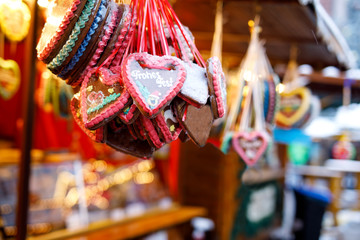 Gingerbread Hearts at German Christmas Market. Nuremberg, Munich, Berlin, Hamburg xmas market in...