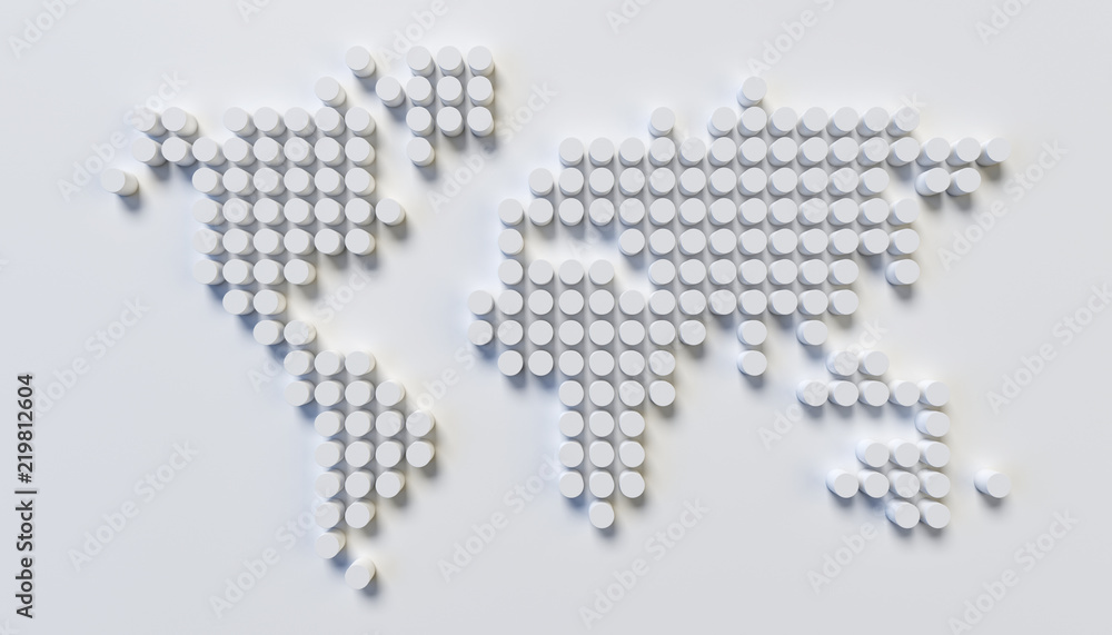 Poster world map wall sculpture, stylized world map made of the circular patterns, 3d rendering