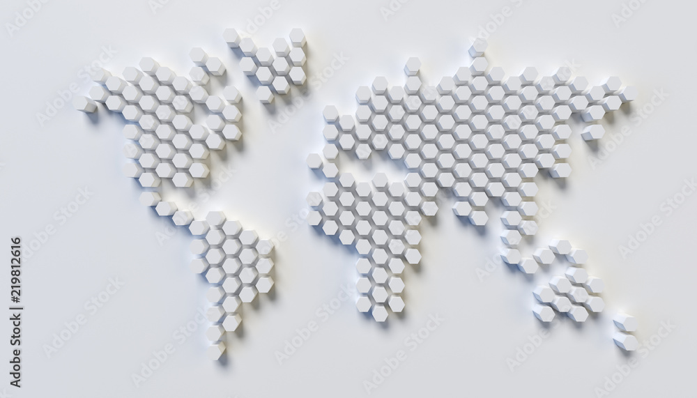 Aufkleber world map wall sculpture, stylized world map made of the hexagonal patterns, 3d rendering