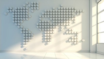 Dotted world map geometrical shape on the interior wall, mock up 3d rendering