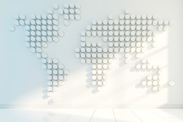 Dotted world map geometrical shape on the interior wall, mock up 3d rendering