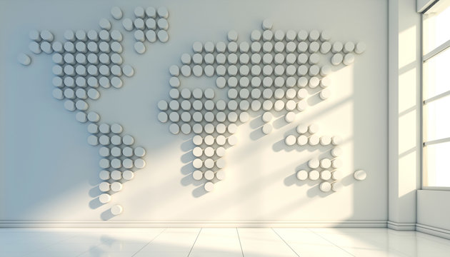 Fototapeta Dotted world map geometrical shape on the interior wall, mock up 3d rendering
