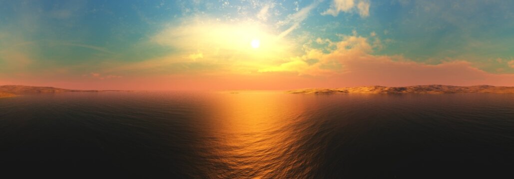 Beautiful sea sunset. Panorama of the oceanic sunrise. The sun is above the water.
