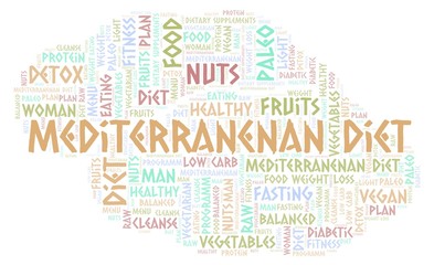 Obraz premium Word cloud with text Mediterranenan Diet on a white background.