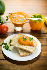 Fototapeta na wymiar Homemade caviar of vegetables on a slice of bread