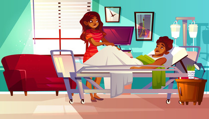 Hospital ward vector illustration of Afro-American black woman visitor supports patient man lying on medical couch. Cartoon interior background with intensive care unit and furniture