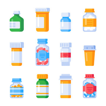 Flat medicine bottles. Vitamin bottle with prescription label, drug pills container or vitamins and minerals pill isolated vector set