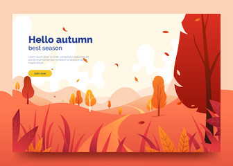 Hello autumn colorful web banner. Autumn landscape with falling leaves, grass, trees and mountains. Colorful decorative background for promo flyer, web page, card. Vector eps 10.