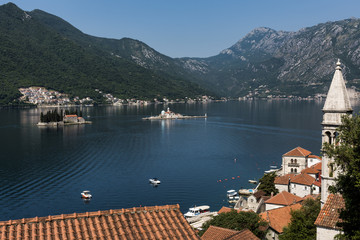 The bell tower of St Nicholas Church in Perast in Montenegro. Perast is a beautiful village that sits on the bay of Kotor on the adriatic sea.