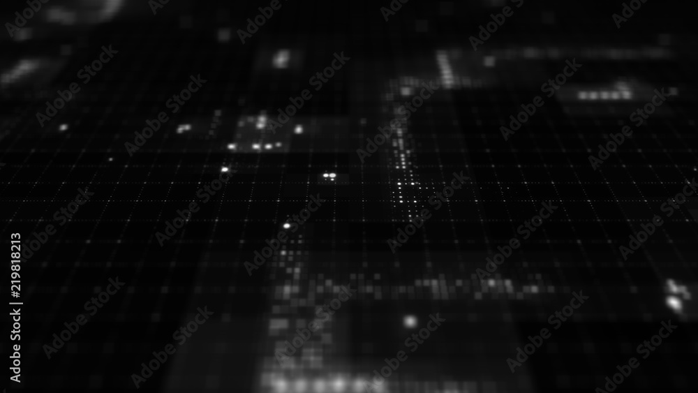 Poster 3d render abstract background with glow dots. straight lines made of dots with random radius. digita