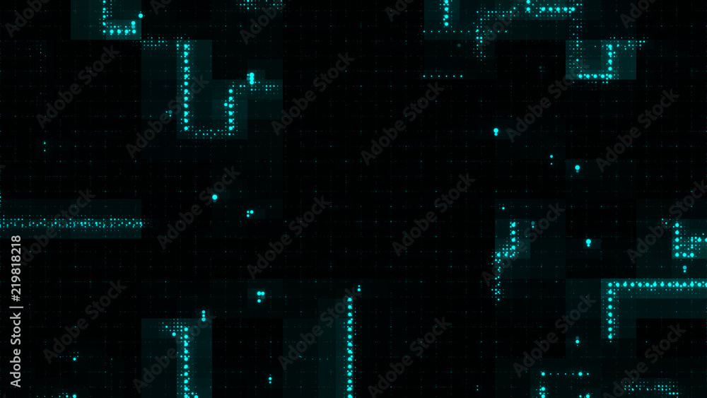Poster 3d render abstract background with glow dots. straight lines made of dots with random radius. digita