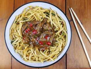 Spicy Chilli Beef With Fried Noodles Overhead