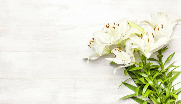 Bouquet of white lilies isolated on a white wooden background top view. Flowers lily beautiful bouquet white flowers floral background concept holiday congratulation.