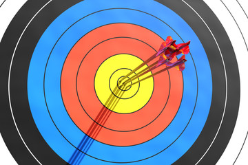 Archery target with six arrows in the center