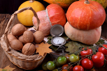 Walnuts, pumpkins and cherry tomatoes in autumn composition