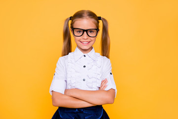 I'm ready for new year at school! Close up studio photo portrait of pretty lovely adorable satisfied with toothy smile schoolchild wearing classic white trendy shirt isolated vivid background