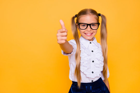 Cool formal wear excellent idea intelligent person concept. Back to school! Close up studio photo portrait of clever cute sweet charming girl in white shirt giving thumb up symbol isolated background