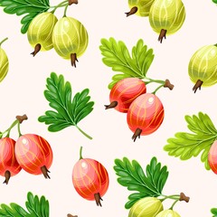 Seamless pattern with green and pink gooseberry