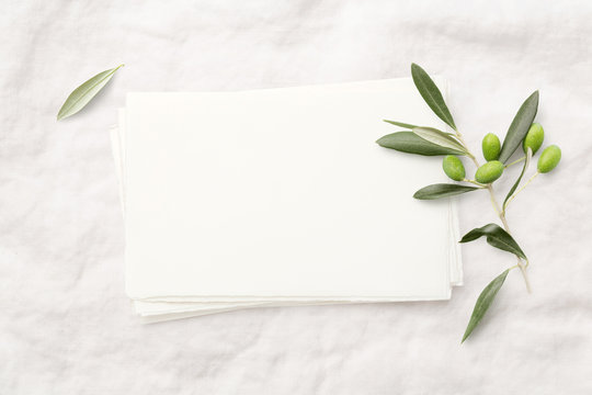 feminine minimalist styled wedding stationery  mockup with a stack of blank invitation cards and a fresh olive twig on a white soft linen background, flat lay / top view