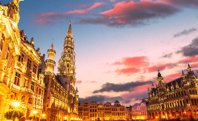 Brussels , Grand place  in summer twilight ,Belgium