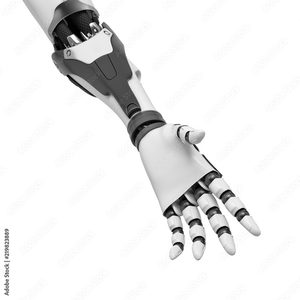 Poster 3d rendering of a black and white robotic hand reaching with open palm and relaxed fingers in close-