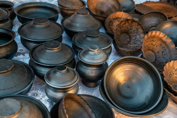 Clay dishes. Crockery made clay. Dishes background