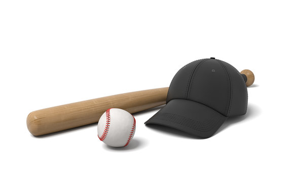 3d rendering of a black baseball cap lying near a wooden bat and a white ball on a white background.