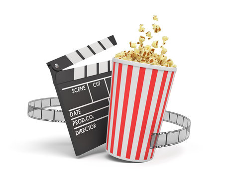 3d rendering of a full popcorn bucket standing near an empty clapperboard and a film strip on white background.