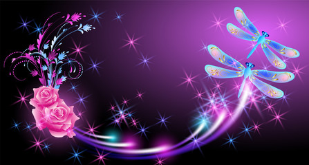 Flying fantasy dragonfly with roses and sparkle stars