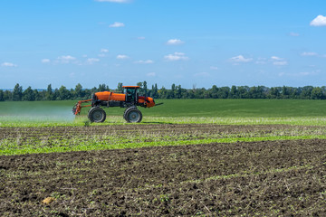 Fototapeta premium self-propelled sprayer works on a field under a blue sky with clouds