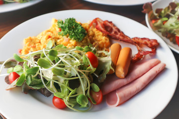 omelette , omelet or scrambled egg with bacon