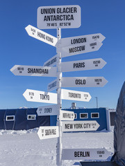 A sigpost at  the Union Glacier Base in Antartica shows the distance to importaat cities and the...