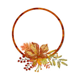 Autumnal Round Frame with Leaf Arrangement. Watercolor Botanical Template for Print, Announcement, Advertising, Display, Greeting Card, Mailer, etc.
