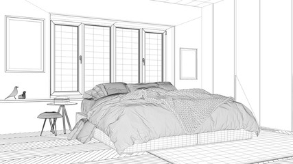 Interior design project, black and white ink sketch, architecture blueprint showing contemporary bedroom with double bed, carpet and window