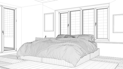 Interior design project, black and white ink sketch, architecture blueprint showing contemporary bedroom with double bed, carpet and window