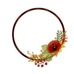 Autumnal Round Frame with Leaf Arrangement. Watercolor Botanical Template for Print, Announcement, Advertising, Display, Greeting Card, Mailer, etc.