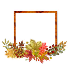 Autumnal Square Frame Decorated with Leaf Arrangement. Watercolor Botanical Square Template for Announcement, Print, Advertising, Poster, Greeting Card, Display, and Variable Decorative Printable.