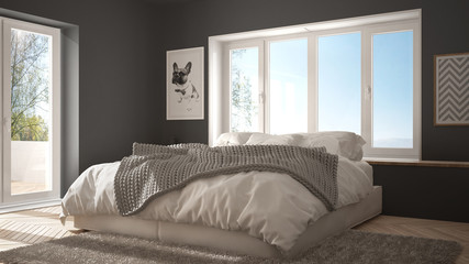 Fototapeta na wymiar Scandinavian white and gray minimalist bedroom with panoramic window, fur carpet and herringbone parquet, modern architecture interior design