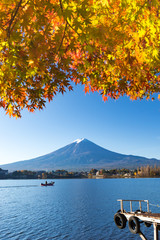 Autumn color red maple and Mount Fuji with morning at lake Kawaguchiko, Japan