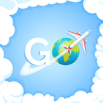 Travel concept. Word GO at blue background with aircraft and globe. Plane flying around Earth planet with continents and oceans. World travel air