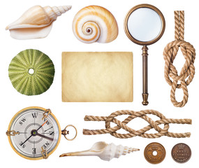 Collection of sailor accessories. Ancient compass, old paper, coins, seashells, knots, magnifier isolated on white background.