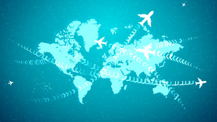 Animation airplanes connecting continents on map