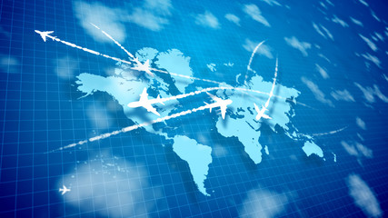 Abstract airplanes cruising over the world atlas