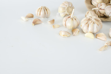 multi bulb garlic in sack on white background