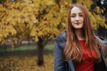 Young romantic female person wearing warm grey overcoat. Model standing in autumn park on the tree with yellow leaves background. Pretty girl looking at camera with brooding look.