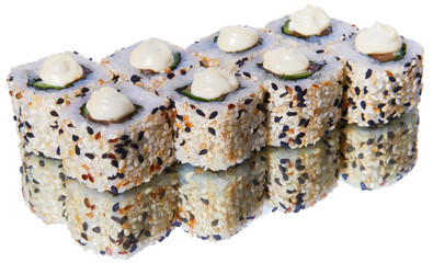 A set of sushi with reflection on white background