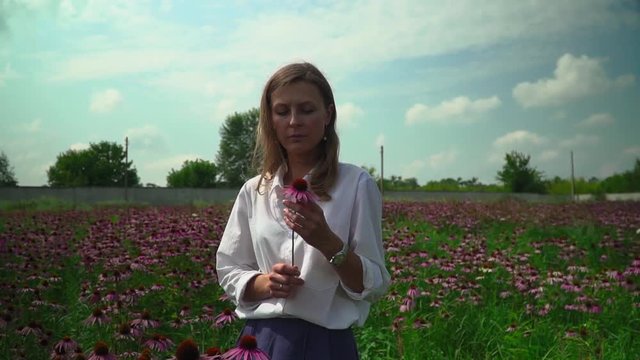 Beautiful girl in a flower field sniffing a flower of echinacea